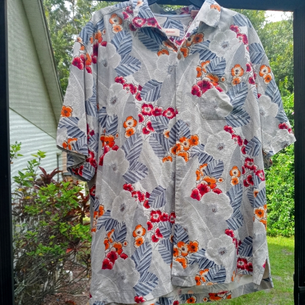 Tommy Bahama Grey Silk Pink Floral Shirt Mens XL